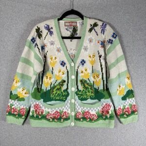 cardigan bay Hand Knit Spring Frog Lily Pad Cardigan Sweater Small Chunky VTG